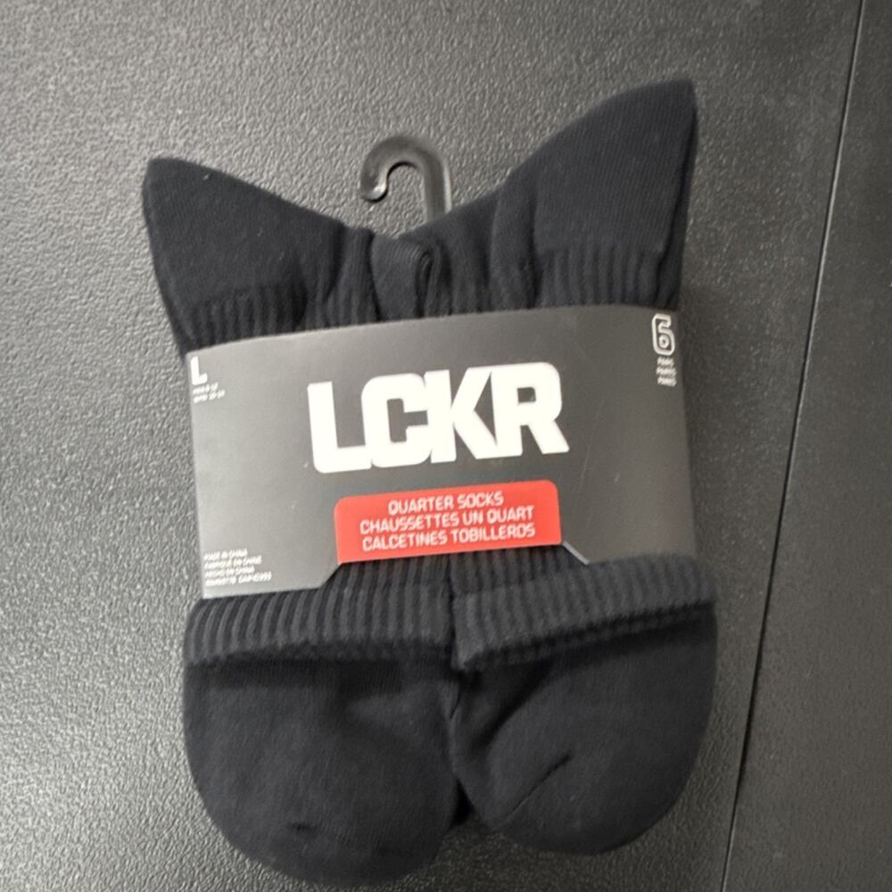 LCKR Quarter Socks Black 6 Pairs Moisture Wicking Cushioned Arch Support Size L